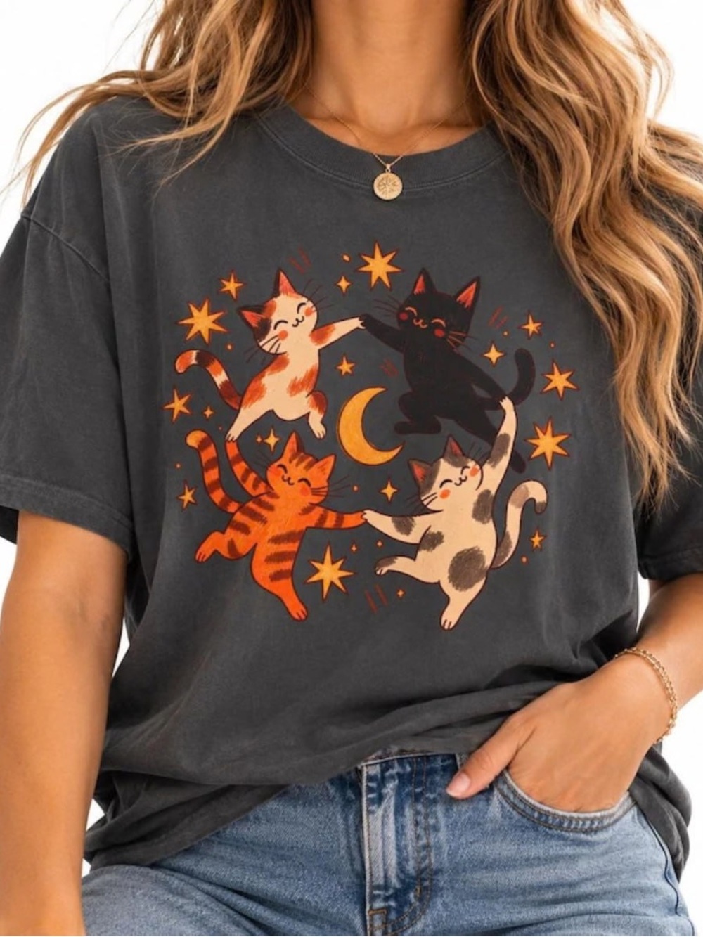 Unbranded Cats & Moon Graphic Tee - Charcoal Fun Cats Dancing T-Shirt